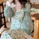 복고풍 슬림 퍼프 슬리브 그린 프린트 A라인 드레스